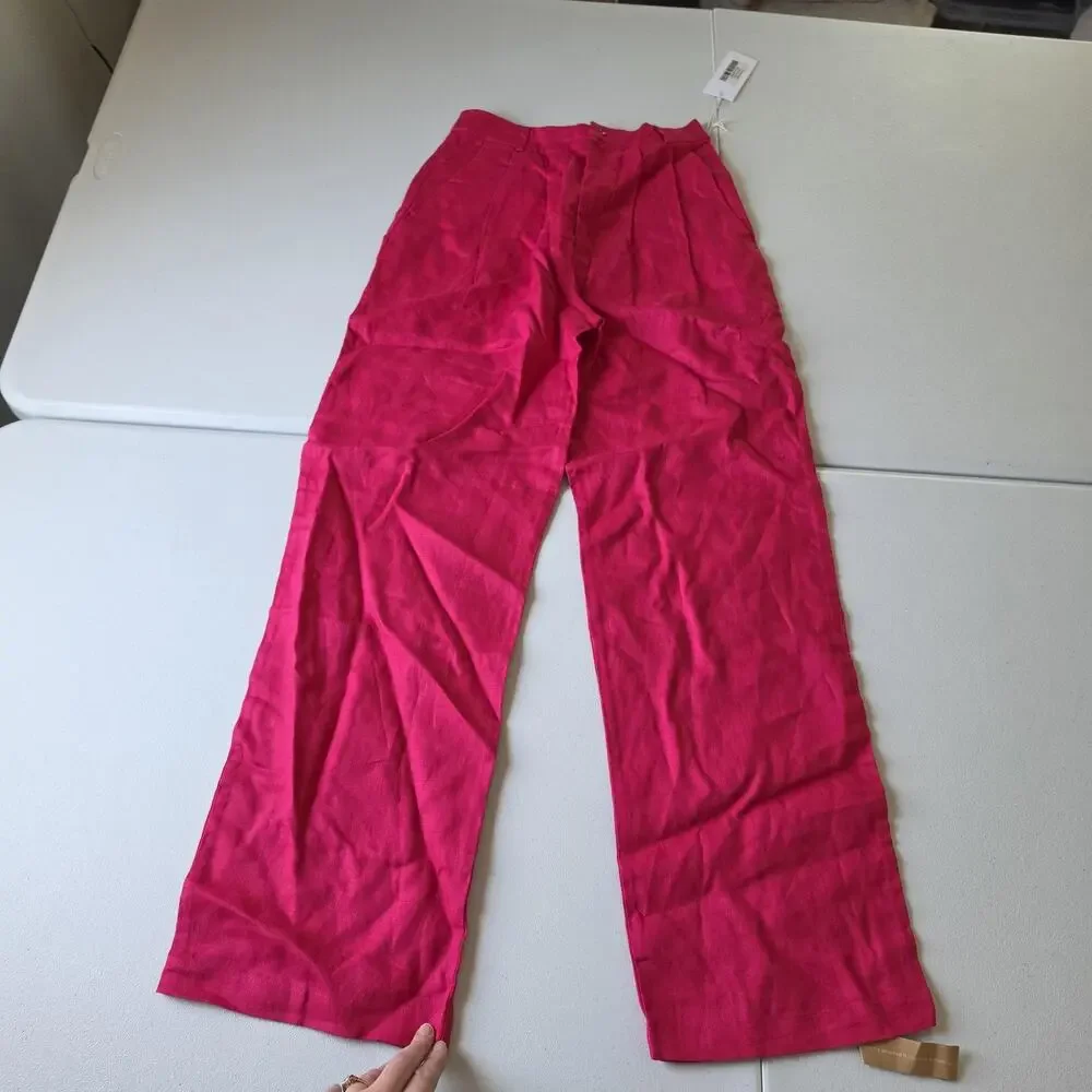 Reformation Pants Womens 0 Pink Linen Wide Leg Pleated Vesta Dress Trousers